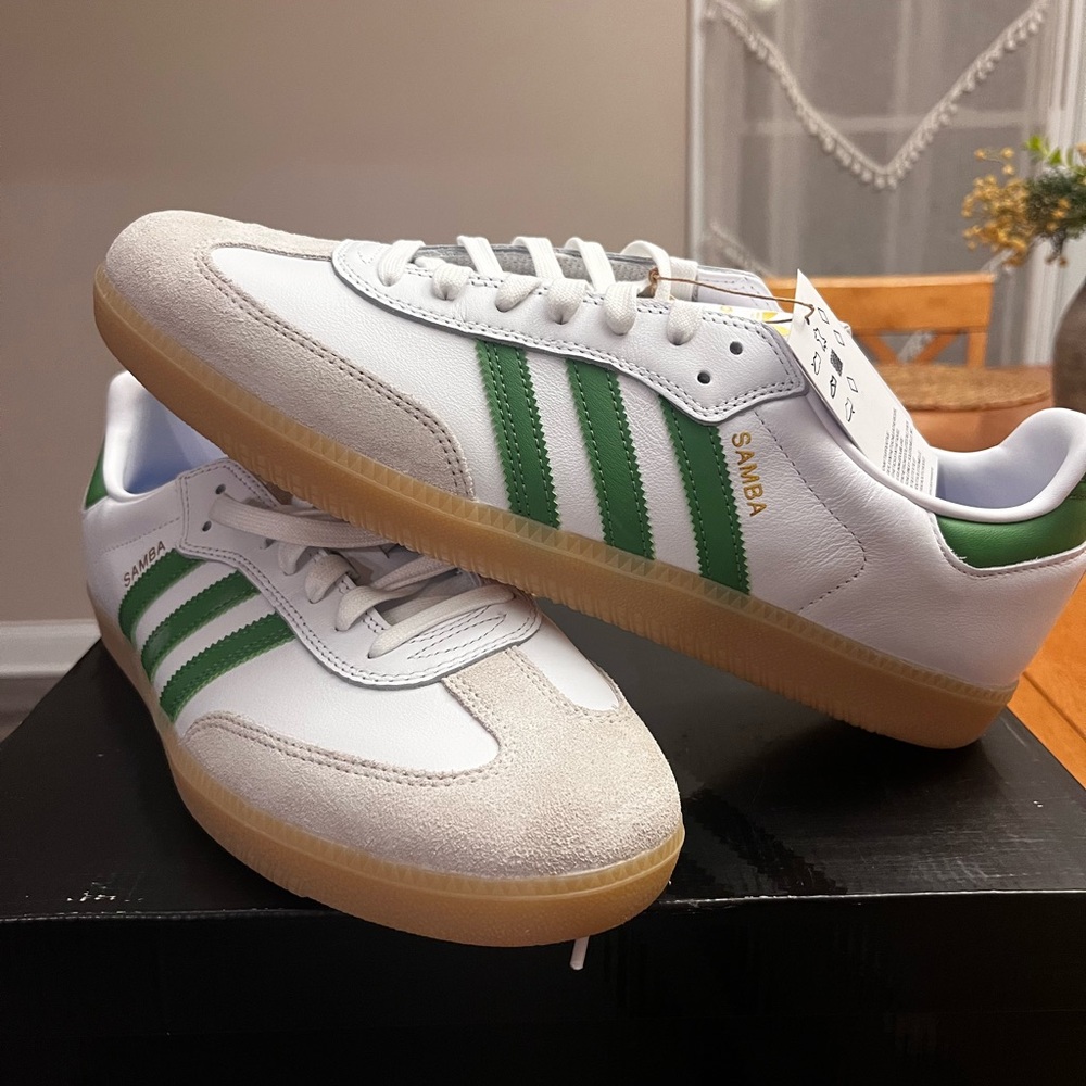 adidas Samba Classic Sneaker - White with Green Stripes and Gum Sole